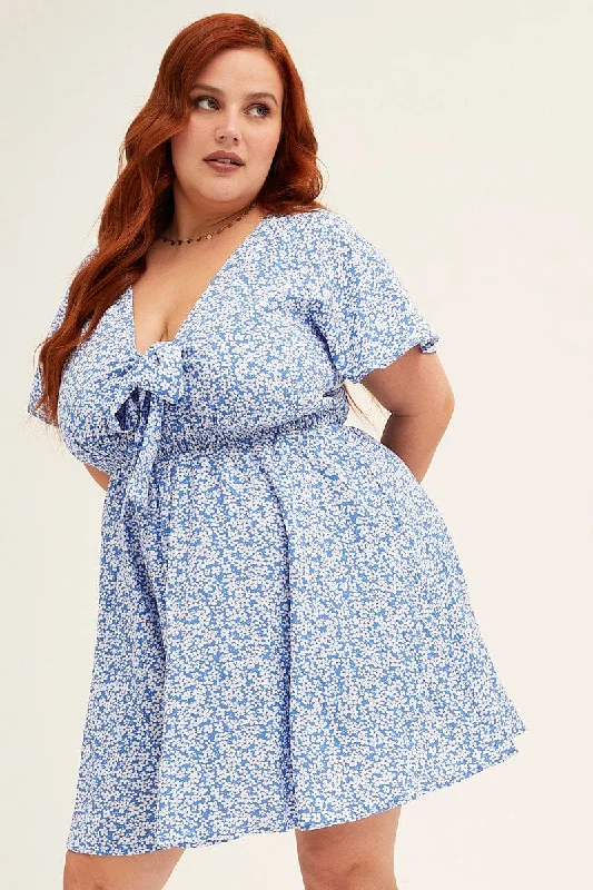 Feminine Dresses for Women in Bold Prints Floral Print Blue Ditsy Print Short Sleeve Tie Front Dress
