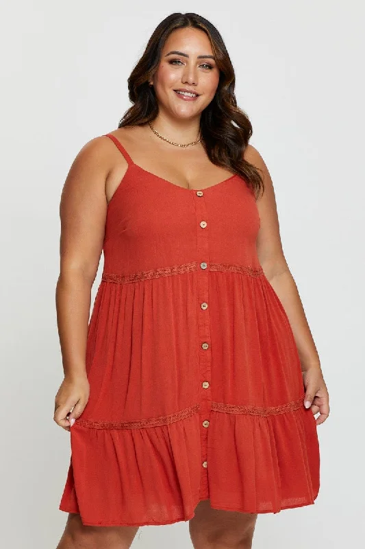 Women's Urban Fashion Brown Skater Dress V-neck Sleeveless Button