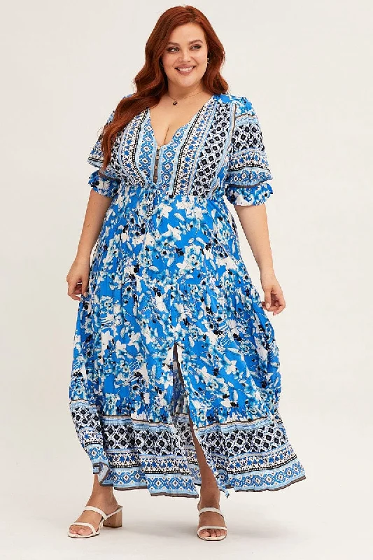 Affordable Women's Garments Boho Print Short Bubble Sleeve Boho Print Maxi Dress