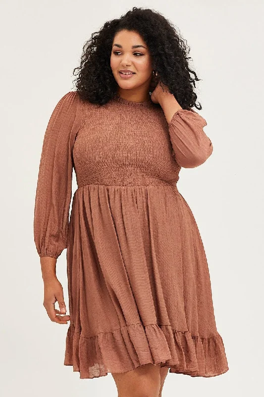 Women's Trendy Outfits Brown Skater Dress Round Neck Long Sleeve Shirred