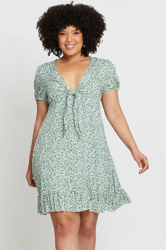 Women's Night-Out Outfit Floral Print Skater Dress V-neck Short Sleeve Tie Front