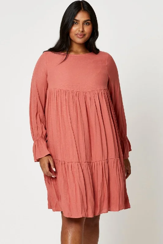 Women's Activewear Outfit Beige Smock Dress Round Neck Long Sleeve Ruffle