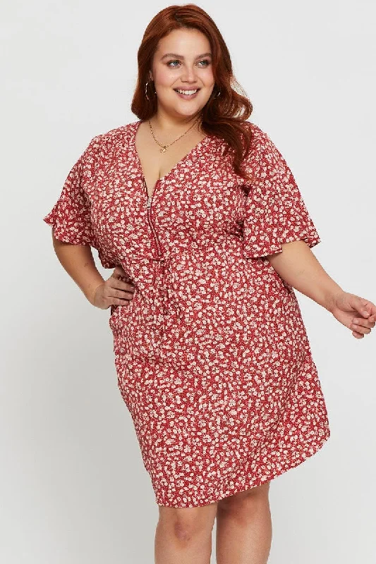 Women's Travel Garments Floral Print Skater Dress V-neck Short Sleeve