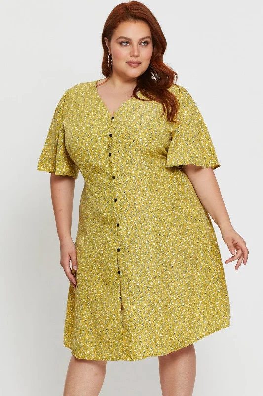 Women's Cozy Outfit For Lounging Floral Print Skater Dress Short Sleeve Button