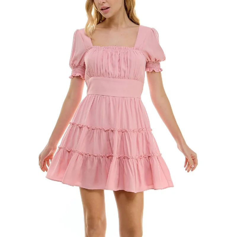 Evening Looks Juniors Womens Tiered Square Neck Fit & Flare Dress