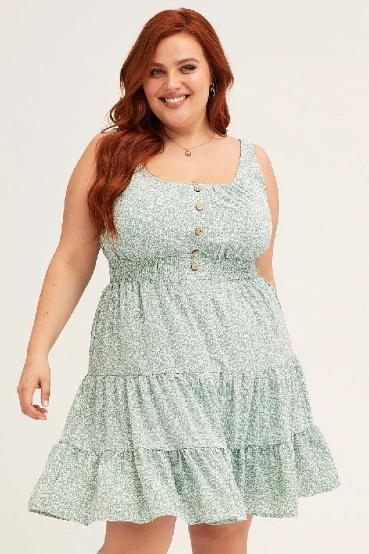 Trendy Women's Fashion Ditsy Print Fit And Flare Dress Sleeveless Mini Button Front