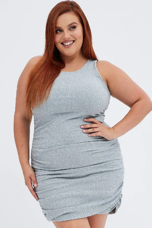 Women's Formal Event Clothing Grey Ruched Dress Rib Bodycon Jersey