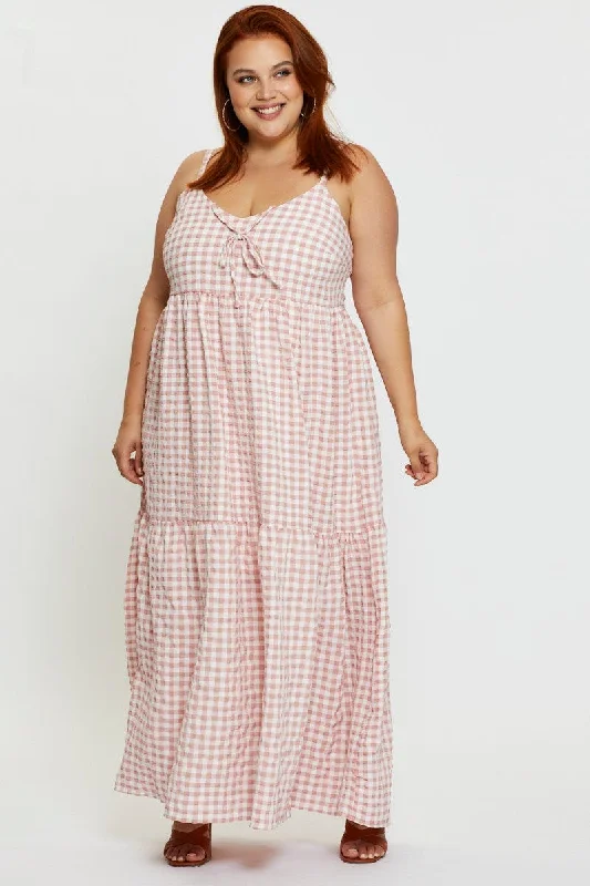 Women's Vacation Clothes Check Maxi Dress V-neck Sleeveless